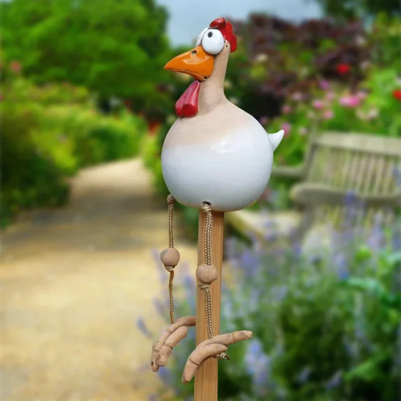 Funny Big Eyed Chicken Statue Long Foot Hen Sculptures Garden Fence Art Supplies Wooden Stake Decoration Resin Crafts