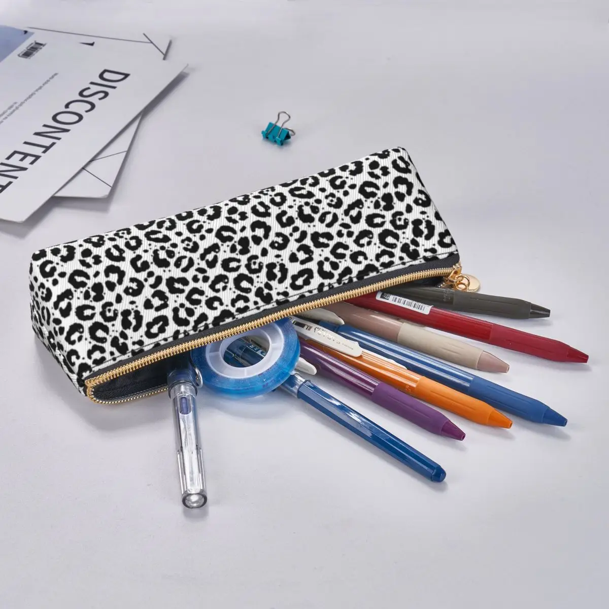 Black White Leopard Print Leather Pencil Case Animale Snow Cheetah College Boy Girl Pencil Box Cute Large Triangle Pen Organizer