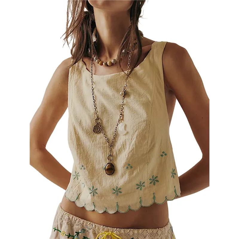 

ABRT-Женская блузка без рукавов с круглым вырезом и рваными контрастными цветами, отделка по подолу, топы с вышивкой