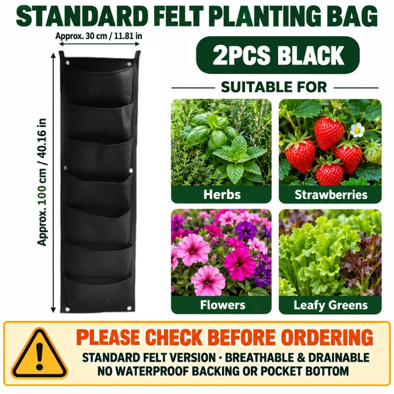 2Pcs 7 Pocket Felt Wall Hanging Planting Bags Vertical Garden Planter for Flowers Herbs Balcony Patio Outdoor