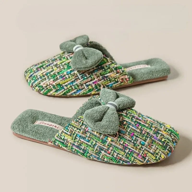 

Fashion Bow Knot Decoration Home Slippers Women Comfortable Plush Warm Cotton Shoes Soft Lightweight Non-slip Zapatos De Mujer