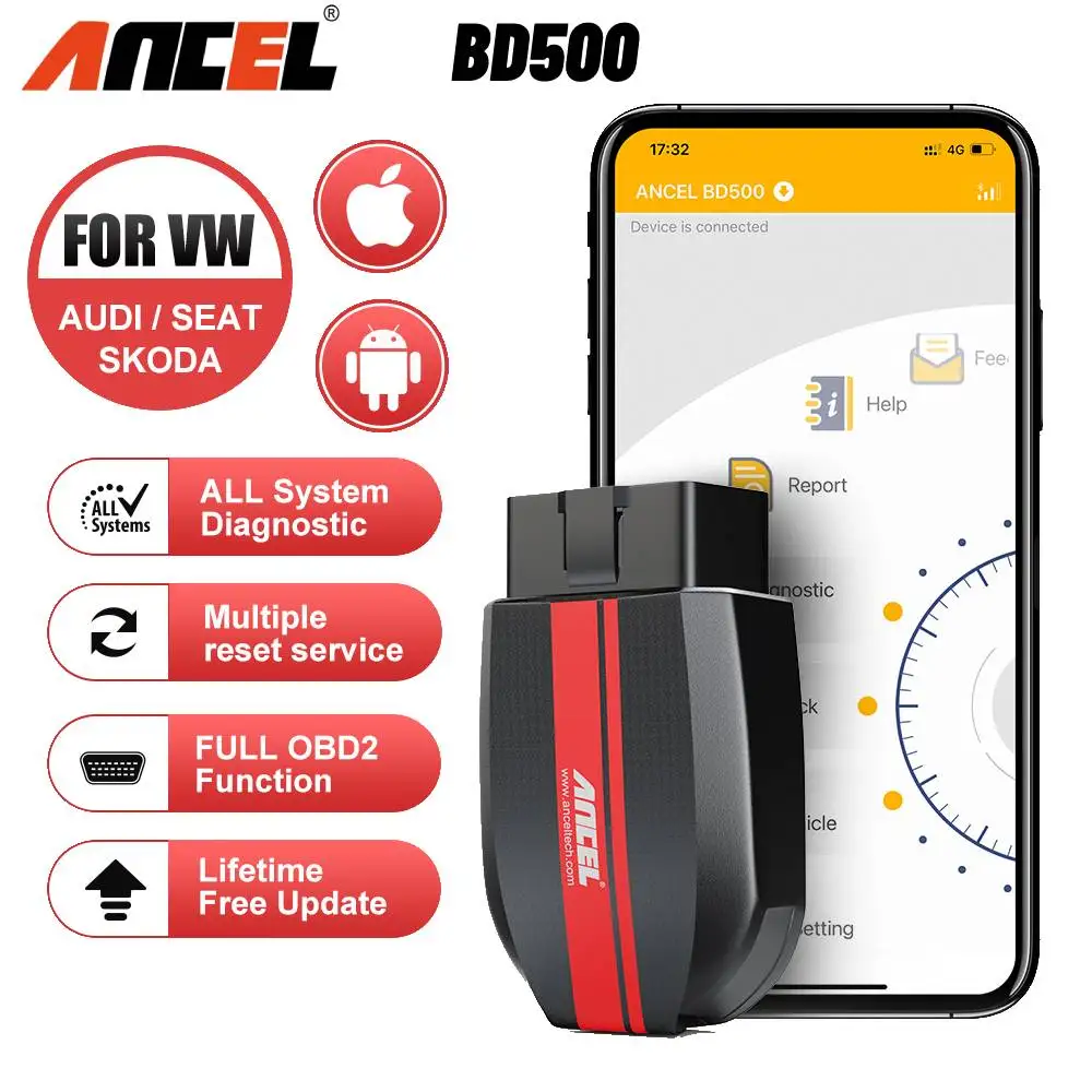 ANCEL BD500 OBD2 Scanner Bluetooth 5.0 All System Car Code Reader with EPB /Throttle Learning for VW Audi Service Seat Skoda