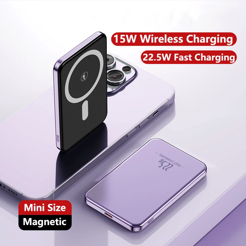 15W Wireless Magsafe Fast Charger for iPhone Xiaomi Samsung S24 22.5W External Battery Charger Macsafe Mini Power Bank 10000mAh