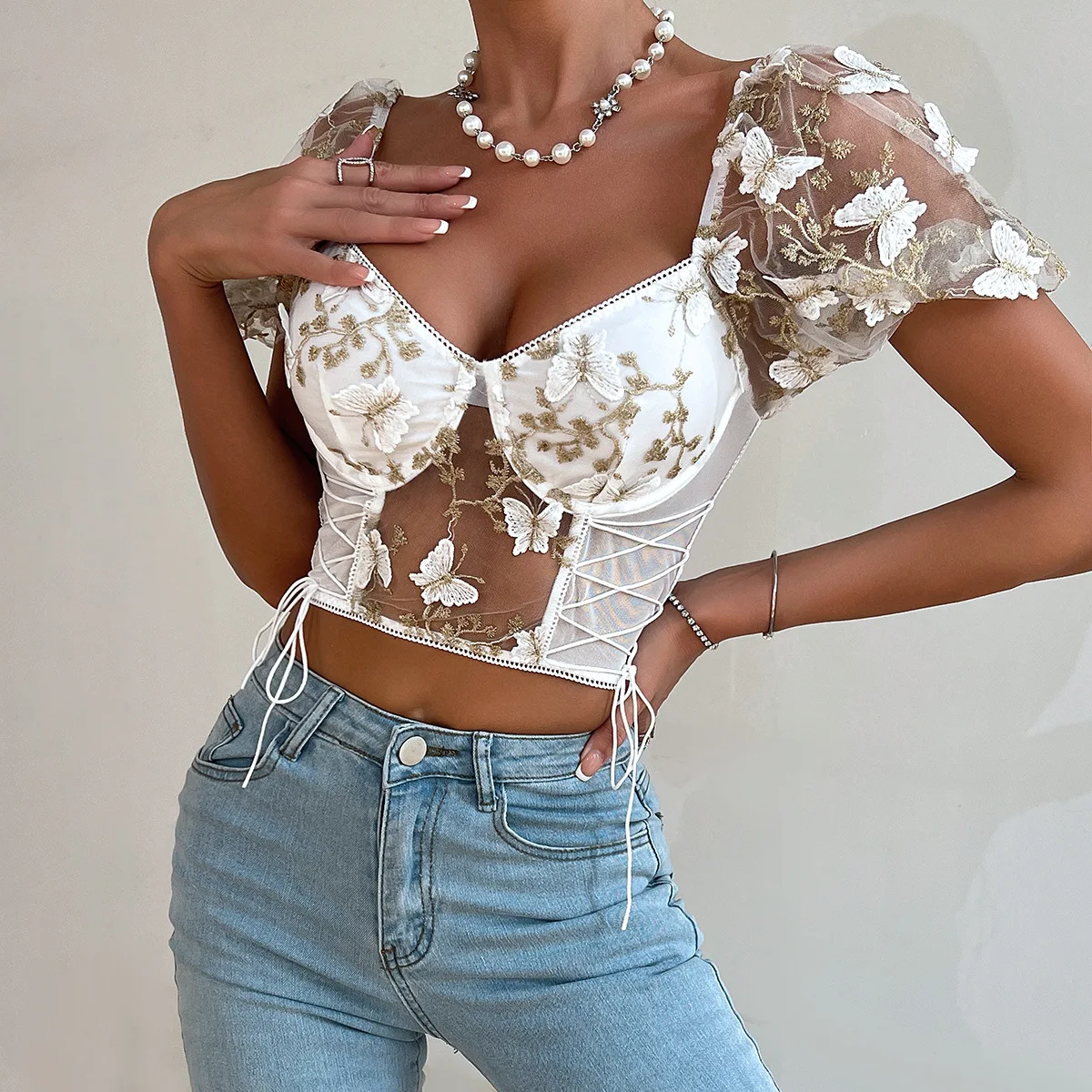 Koltailace Bufferfly Embroidery Puff Sleeve Top Women V Neck Summer Backless Short Sleeve Sexy Cropped Top Blouse