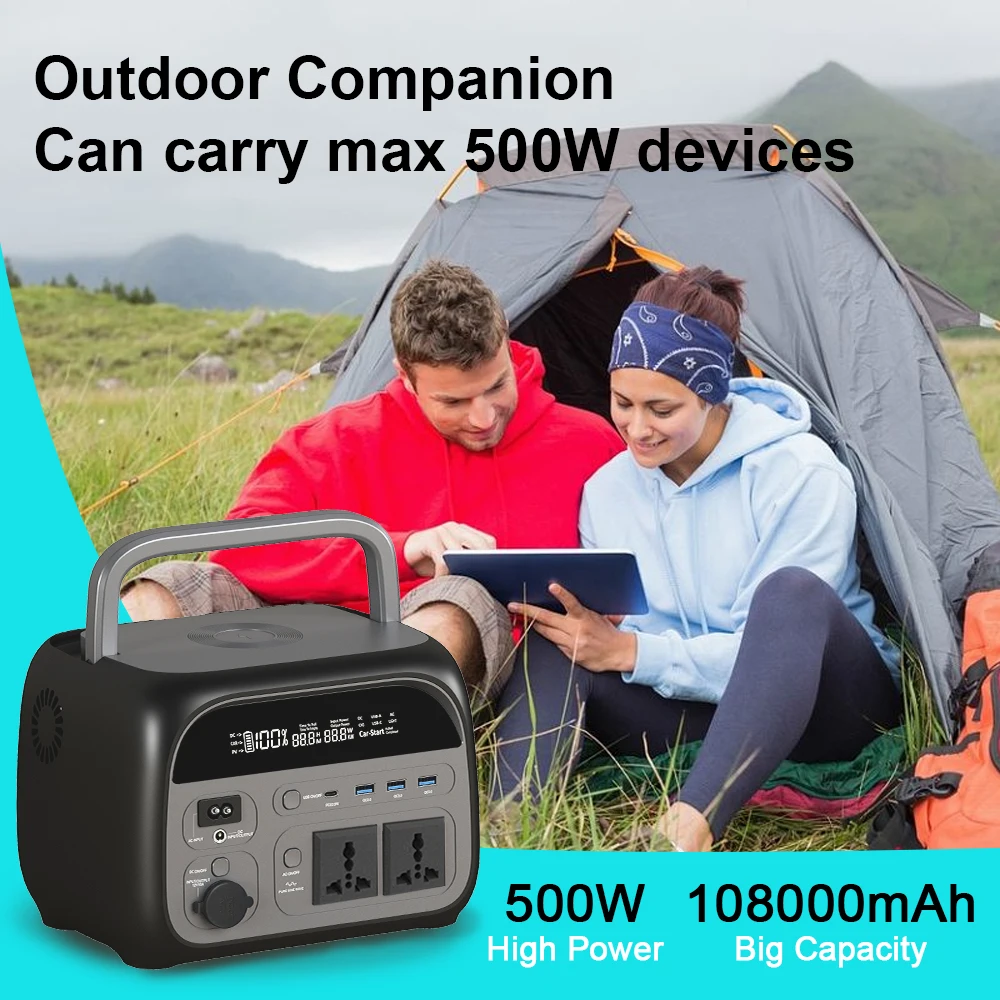 500w LiFePo4 Portable Power Station 345wh 108000mAh Camping Outdoor Solar Generator Batteries 220V 110V AC Output Power Bank RV