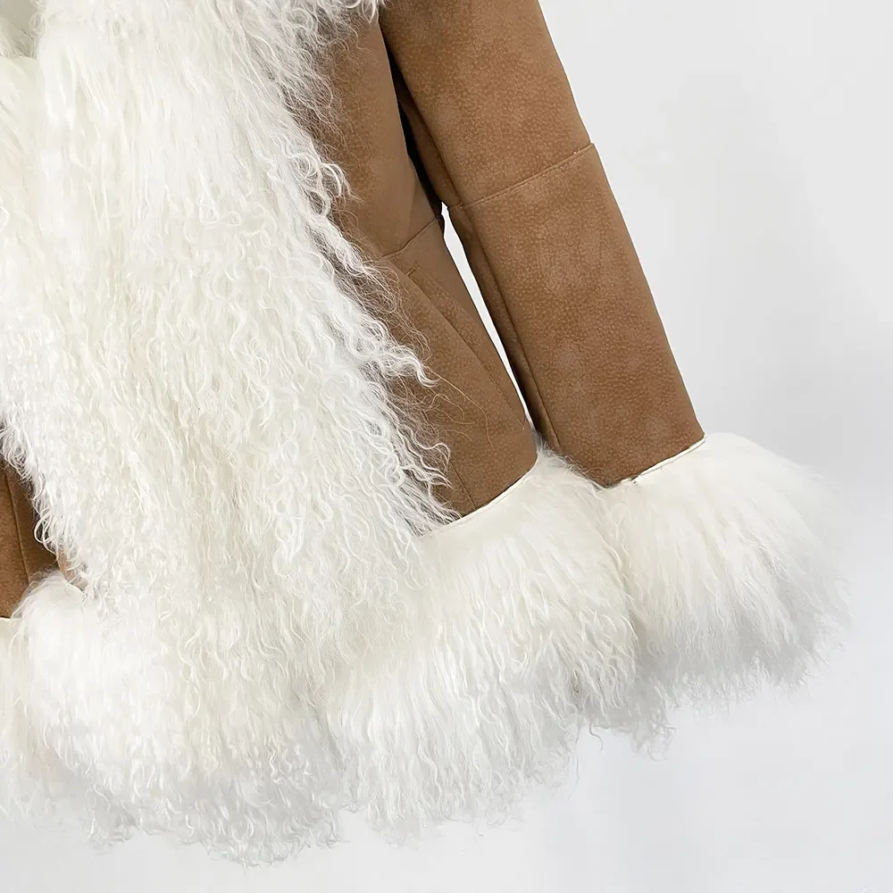 OFTBUY New Winter Warm Curly Mongolia Sheep Fur Jacket Women Vintage Shearling Coat Slim Faux Suede Real Rabbit Fur Clothing