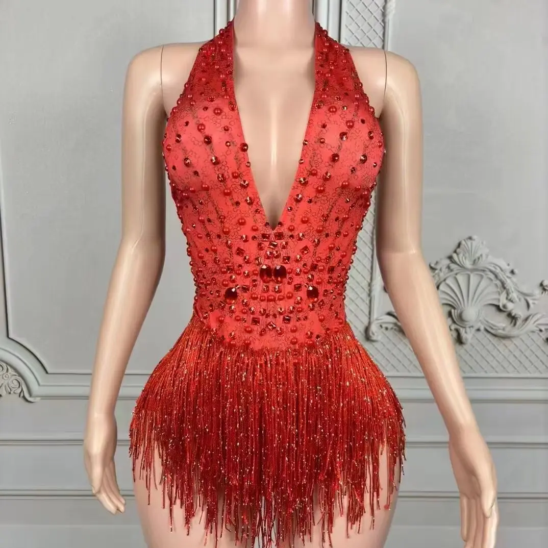 

European and American Sexy Deep V Pink Tassel Jumpsuit Gogo Female Singer Stage Collar Dance Costume Car Show Model Performance
