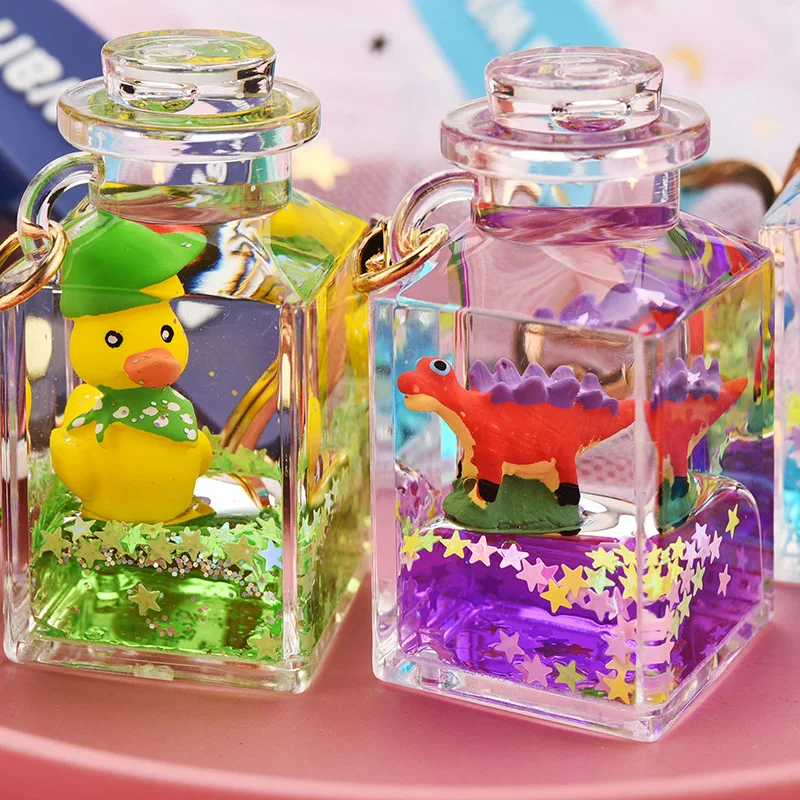 Cartoon Animal Dinosaur Duck Floating Moving Liquid Keychain For Girl Bag Pendant Mug Drink Bottle Keyring Key Charm X289