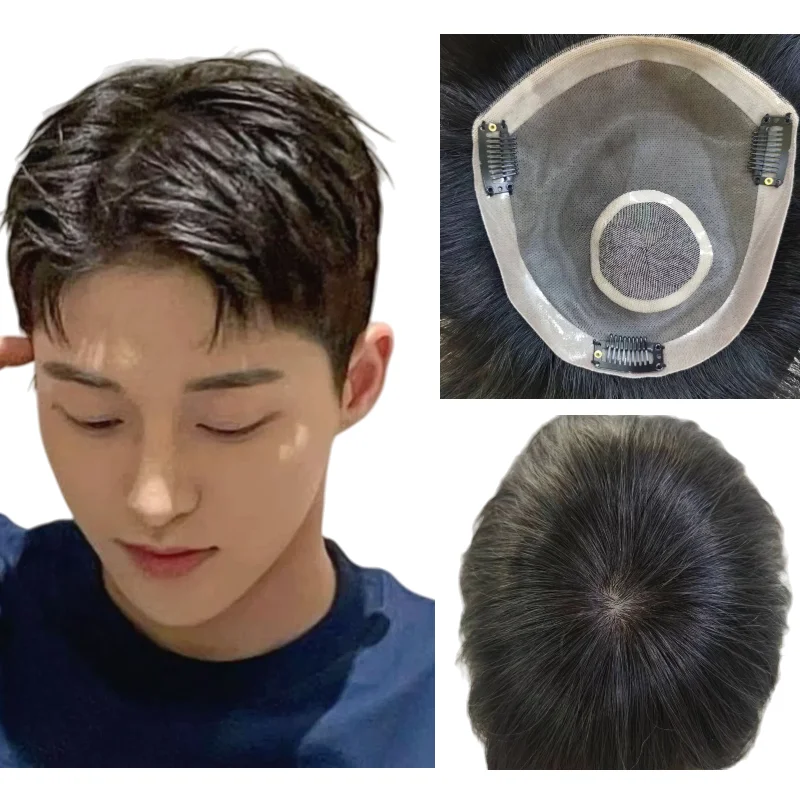 

Men Toupee 100% Human Hair Mono Base 6 Inch Length PU Perimeter Lace Inner With Clips Fully Ventilated Natural Black