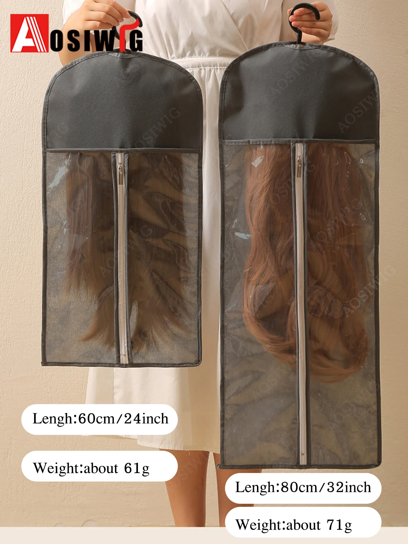 1pcs 60/80CM Long Black Non Woven Fabric Wig Dust Cover Packing Bag Wig Storage Bags Hanger Travel-Friendly Wig Organizer view 6