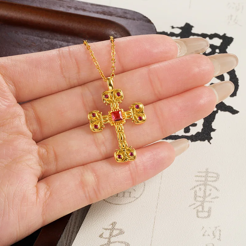Brightening Roman Heart Flame Cross Necklace For Women 24K Gold AU999, brightens skin tone