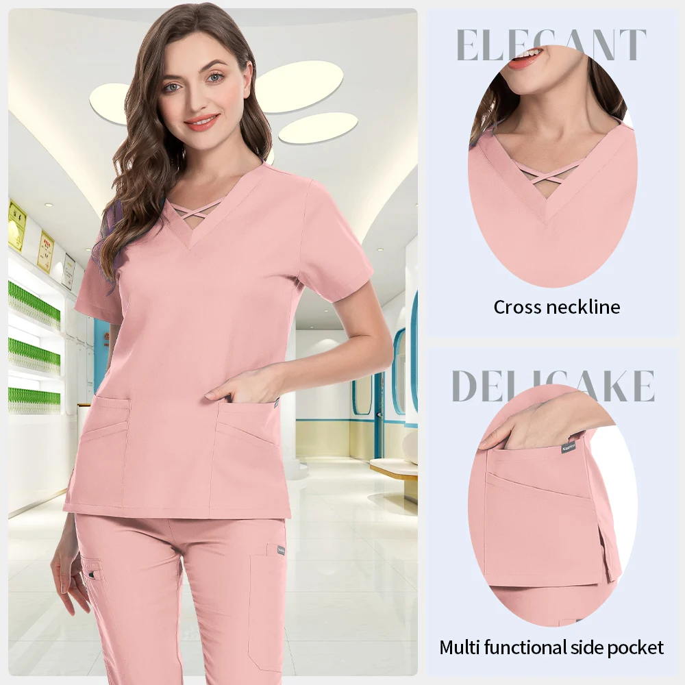 Niaahinn uniformes médicos com decote em v enfermeira scurbs conjunto feminino hospital médico workwear manga curta cirurgia dentária oral uniformes de trabalho