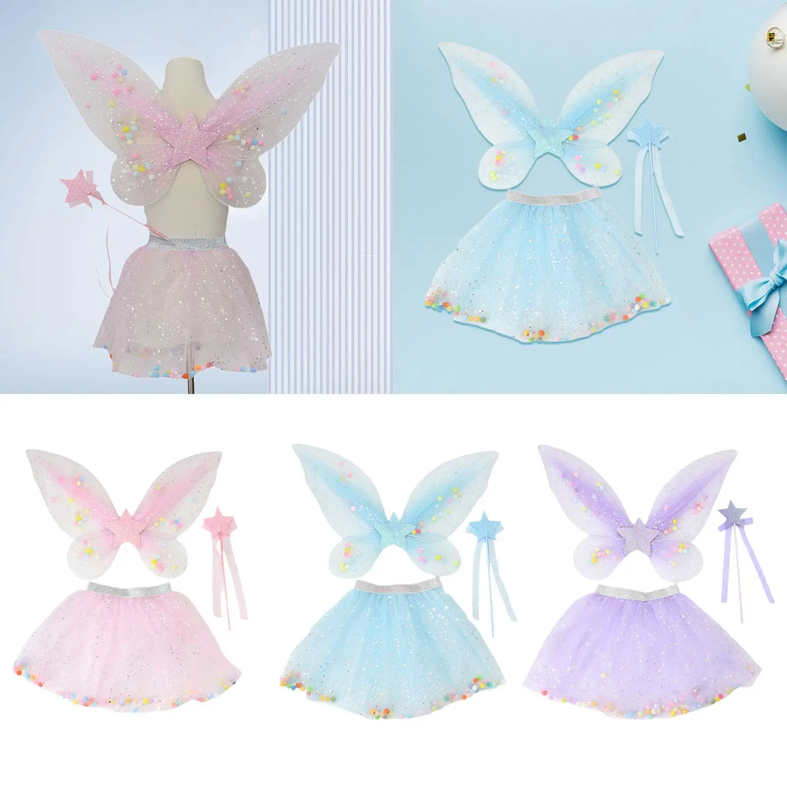 3x Girls Fairy Wings Tutu Skirt and Wand Set Stage Show Butterfly Costumes