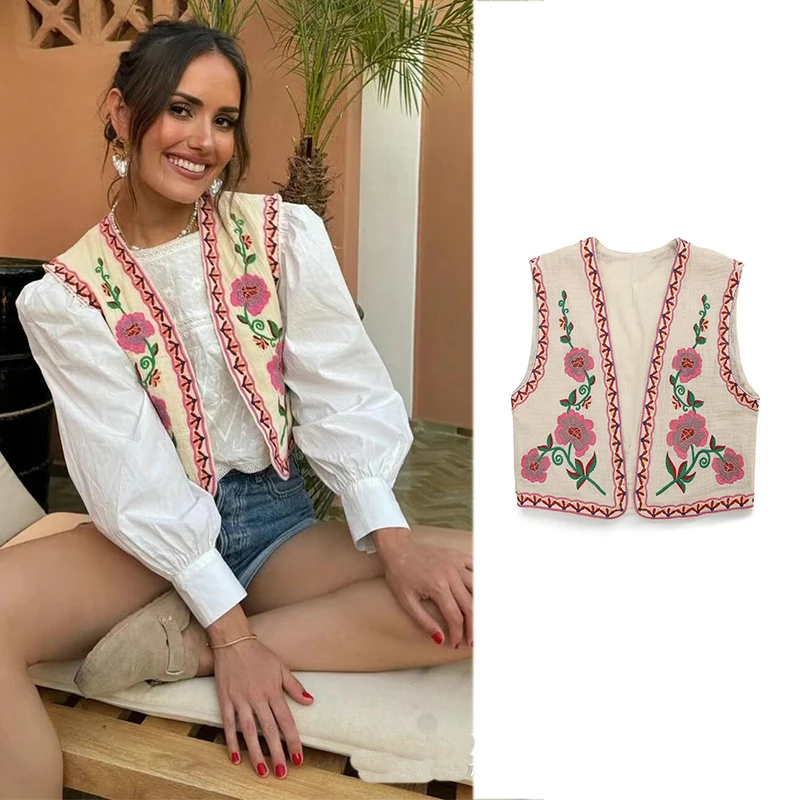 

Embroidery Short Tops Vest Summer Women's 2024 New Holiday Tank Tops Chic Joker Youth Street Cardigan Vest Women's
