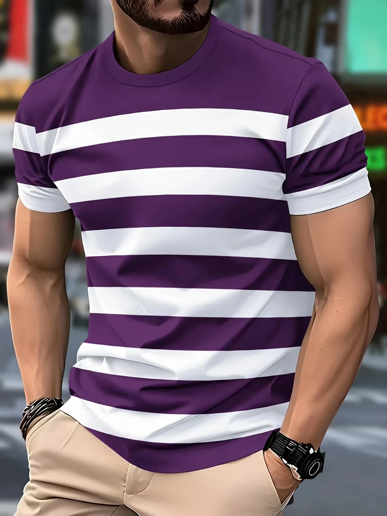 Summer Hot Sale Men's Colorful Striped Printed Short Sleeve Loose Casual Crew Neck T-shirt Breathable Man Streetwear