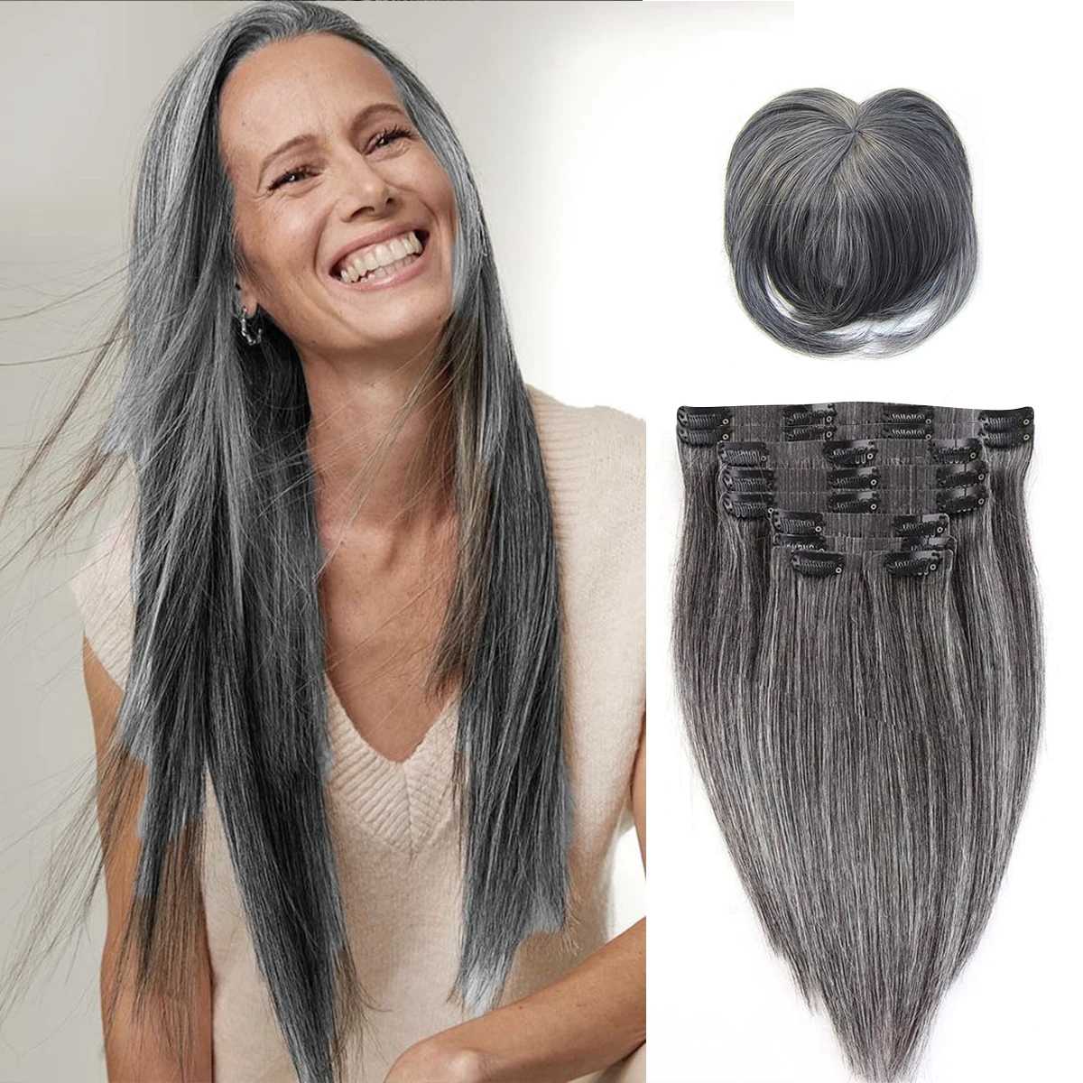 Extensions de Cheveux Humains Lisses Gris Argent avec Frange à Clips, Vrais Cheveux Humains Doux Remy Brésiliens, 14-24 Pouces, 140g/10Pcs, 100%