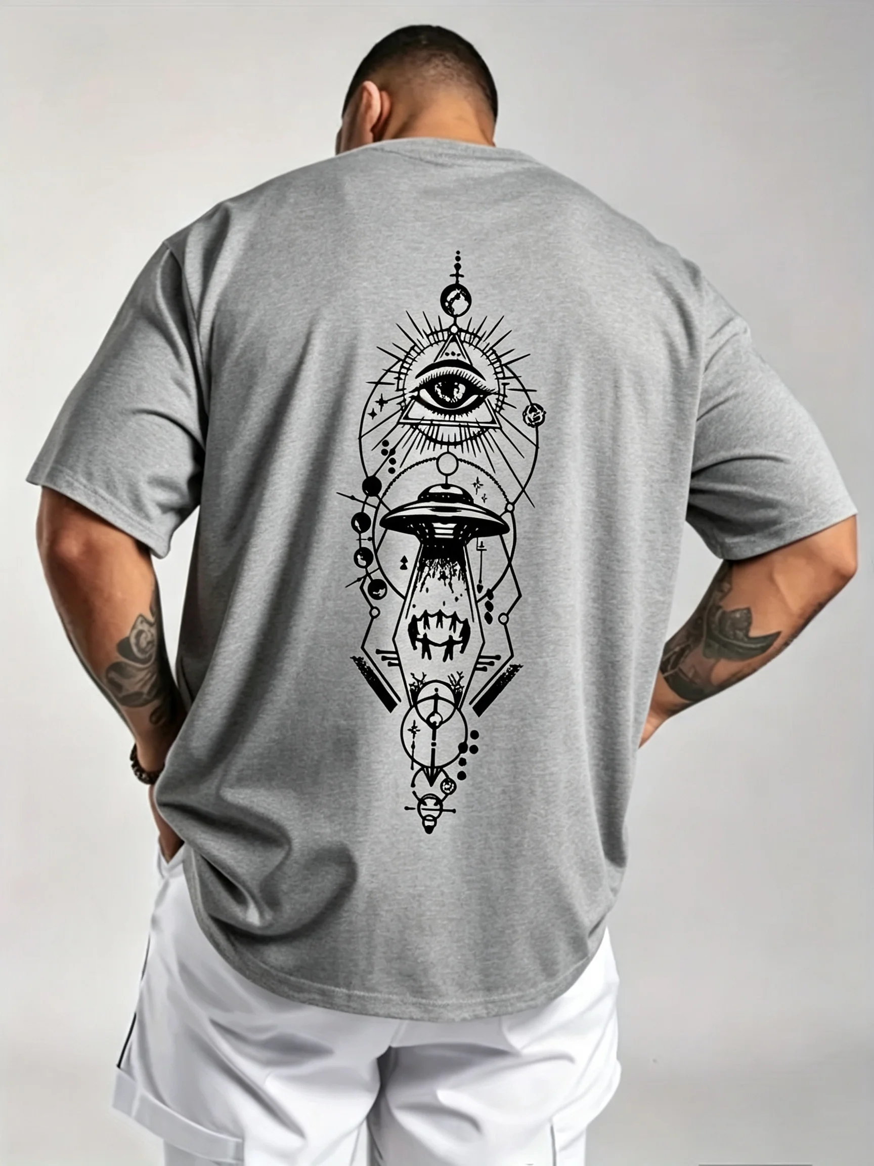 Men's UFO eye line-drawn print casual sportswear multi-purpose short-sleeved T-shirt graphic t shirts men clothing shirts