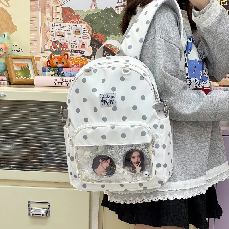 Tas ransel polkadot lucu untuk mahasiswi, estetika tinggi, kapasitas besar, ringan, cocok untuk sekolah