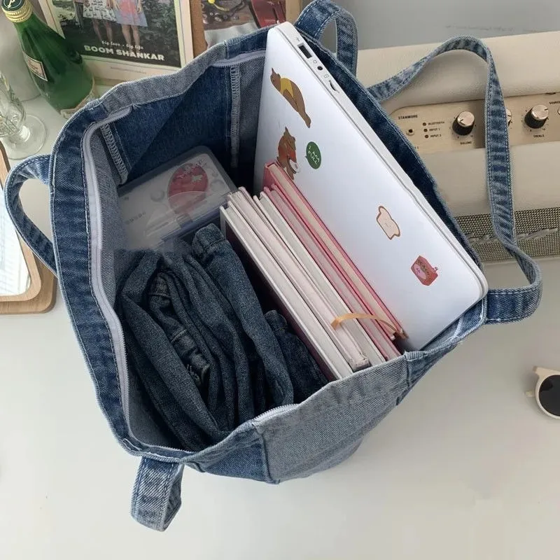 Women Letter Embroidery Jeans Bag Large Capacity Reusable Shopping Bag High Quality Casual Handbag Korean Harajuku Shoulder Bag