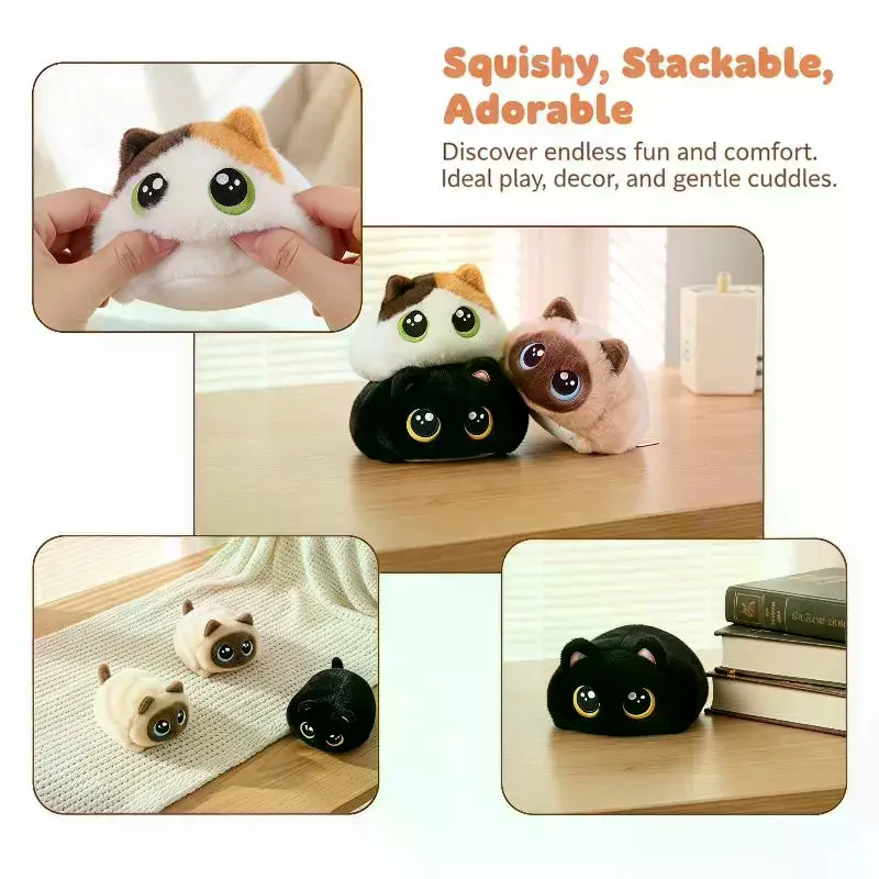 1/3pcs Super Cute Chubby Cats Plushies Calico Black Cat Stuffed Toy Squeezable Stress Relief Soft Doll Desk Companion 1PC