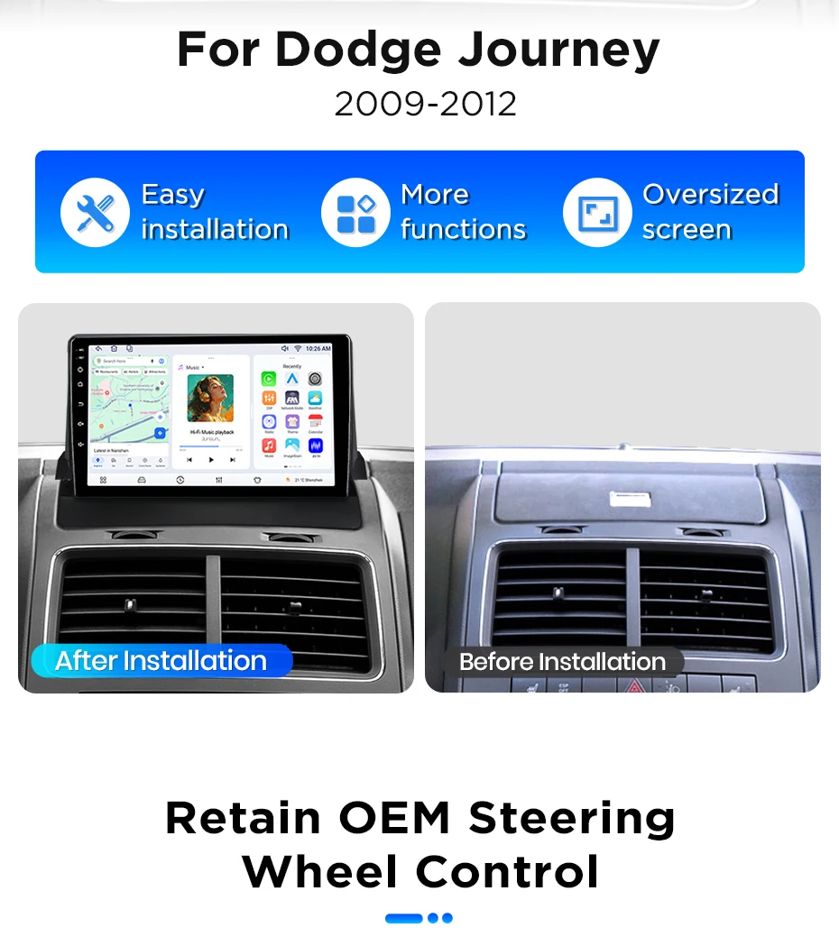 Junsun Android 15 Auto-Intelligenzsystem für Dodge Journey 2009-2012, KI-Wireless-CarPlay für Apple Auto, 9" IPS-Touchscreen – Detail 3