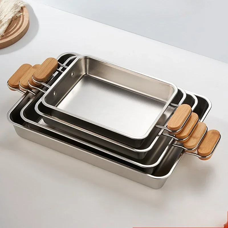304 Stainless Steel Deepened Rectangular Grilled Fish Dish Household Binaural Tray Can Be Heated Microwave Oven Dinner Plates G