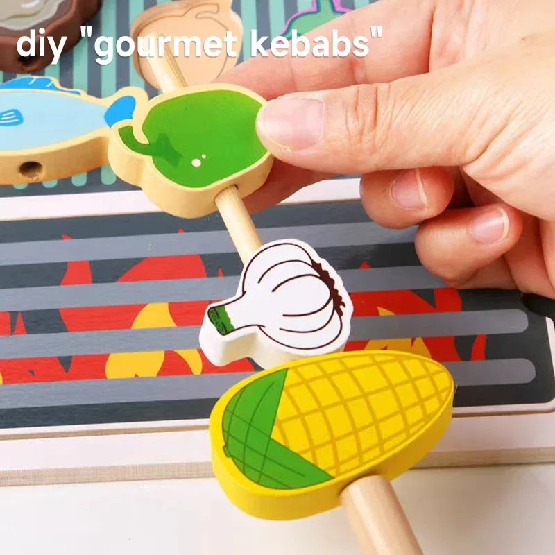 Zestaw drewnianych zabawek grillowych Montessori dla dzieci - interaktywna edukacyjna gra kuchenna z dopasowywaniem kształtów żywności dla rodziców i dzieci