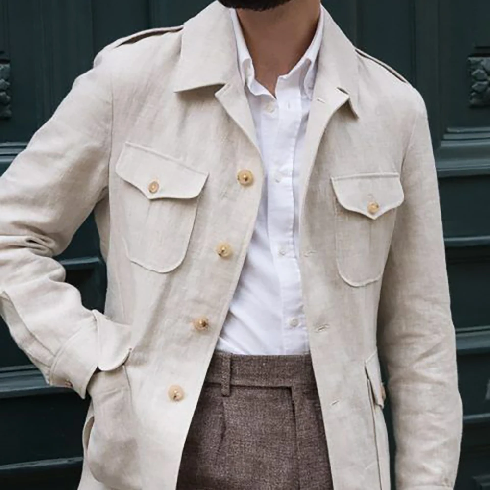 

Smart Casual Men's Beige Linen Safari Jacket+Pants Daily Party Multi-Pocket 2 Piece Suit Set for Summer & Streetwear
