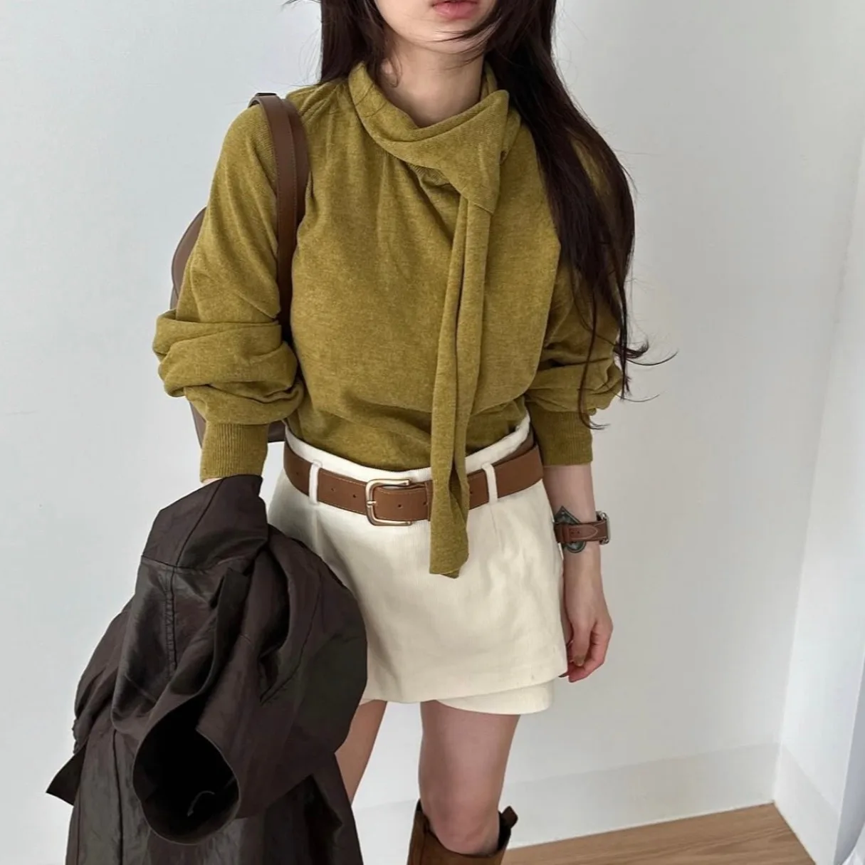 여성용 시크 니트 스웨터 롱 슬리브 스카프 겸용 다용도 가을 겨울 신상 슬레 여성 패셔너블 탑