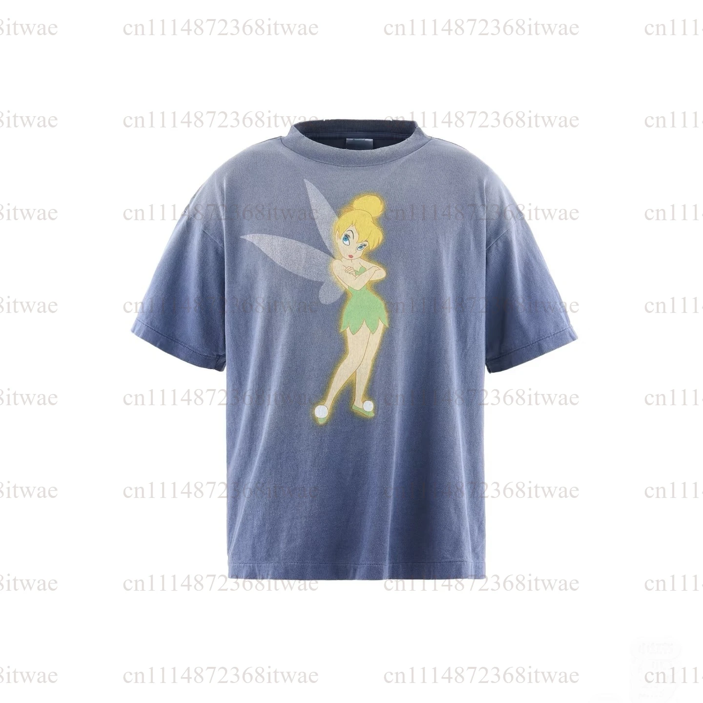 Washed Short Sleeve Loose Cartoon Top Free Optimist Fairy Sprite Print Comfortable Cotton round Neck Tee Casual Oversized TShirt