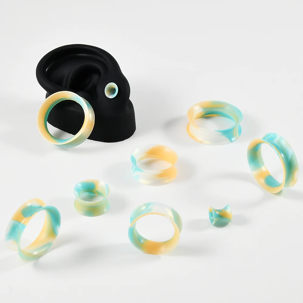 14PCS/lot Silicone Flexible Ear Tunnels Gauges Plugs Colorful Stretchers Expander Double Flared Flesh Tunnels Ear Piercing