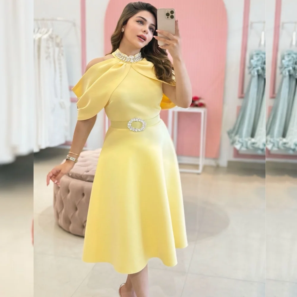 

Customized Casual Simple Jersey Sequined Pleat A-line Off-the-shoulder Midi Dresses Bespoke Occasion Sexy