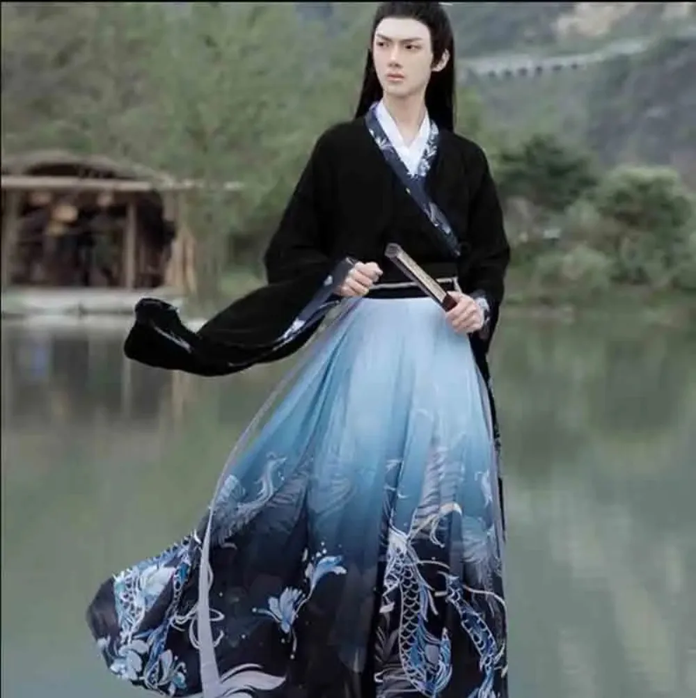 Plus Size 2XL Hanfu Couples Chinese Traditional Embroidery Clothes Adult Halloween Cos Costume Black Blue Hanfu for Men/Women