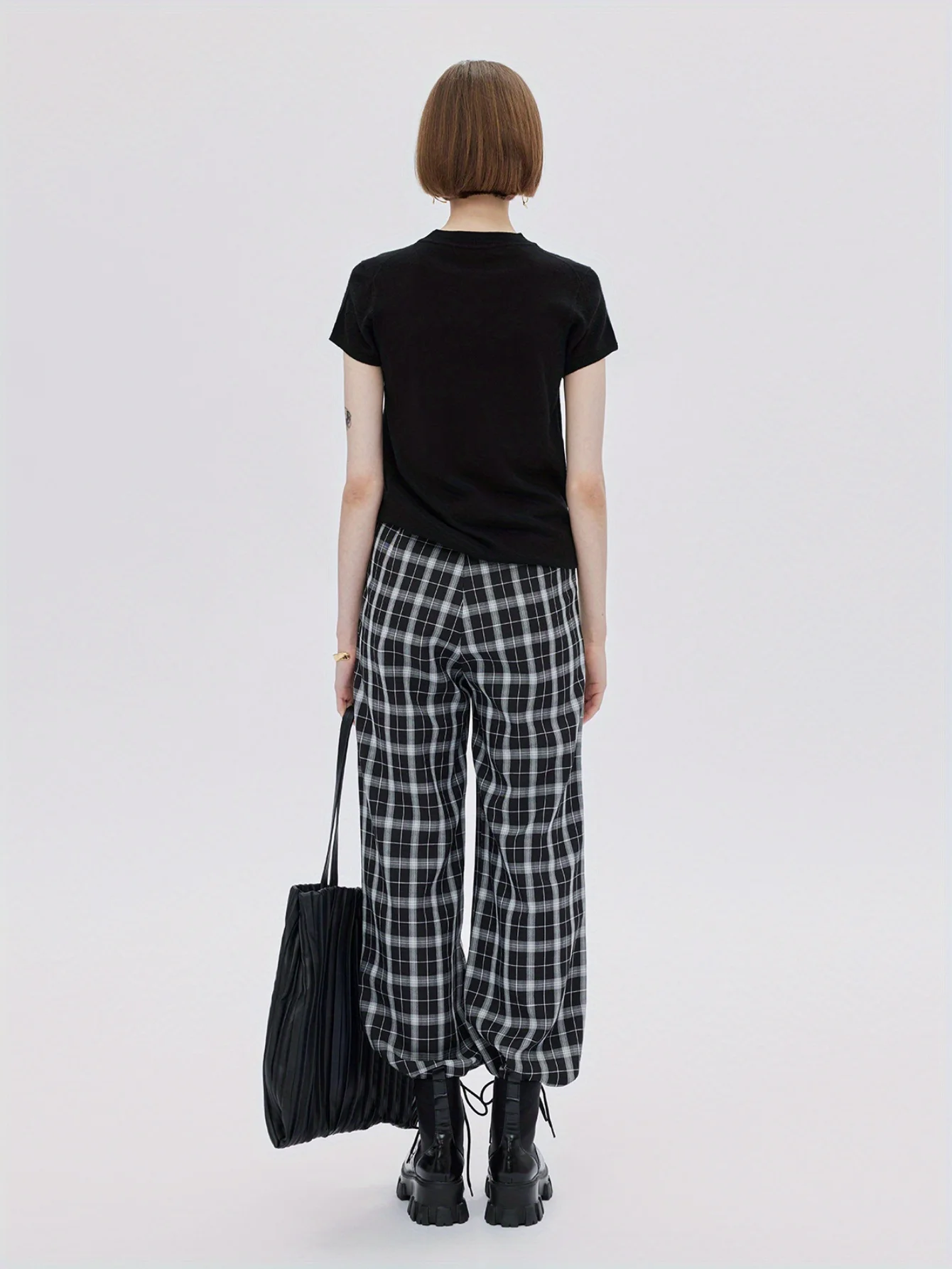 Women's Plaid Cuffed Wide‑Leg Pants, Summer New Arrival Korean Style Women's Casual Trousers