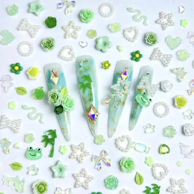 Random Mixed Green Series Flowers Pentagrams Nail Art Charms Gradient Bow Butterfly Small Fresh Resin Nail Decorations DIY Nails