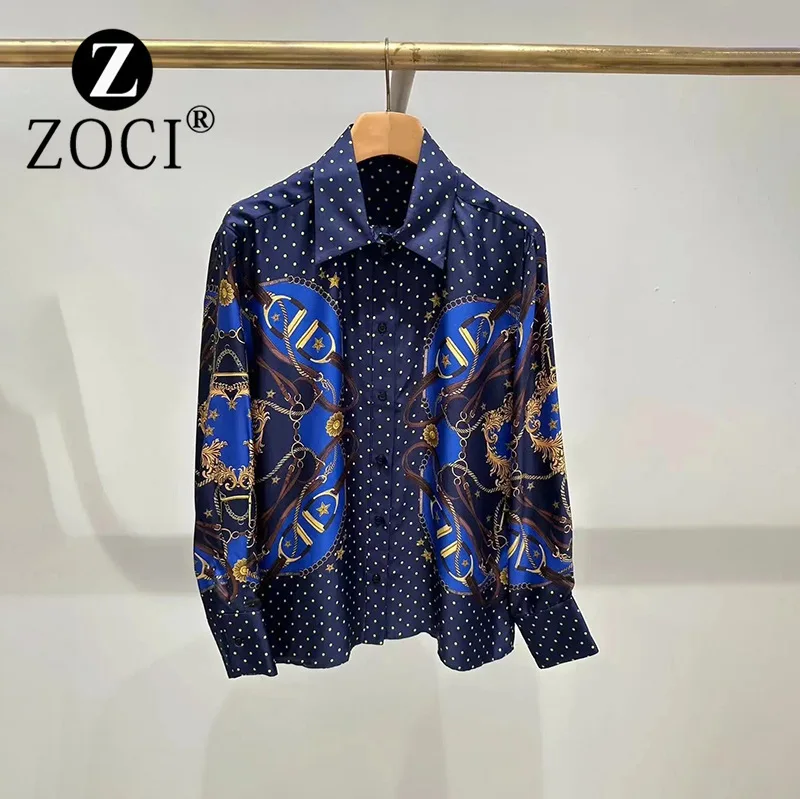 [ZOCI] French Style Niche 2024 Early Autumn Socialite Elegant Polka Dot Print POLO Collar Silky Smooth Commuting Shirt