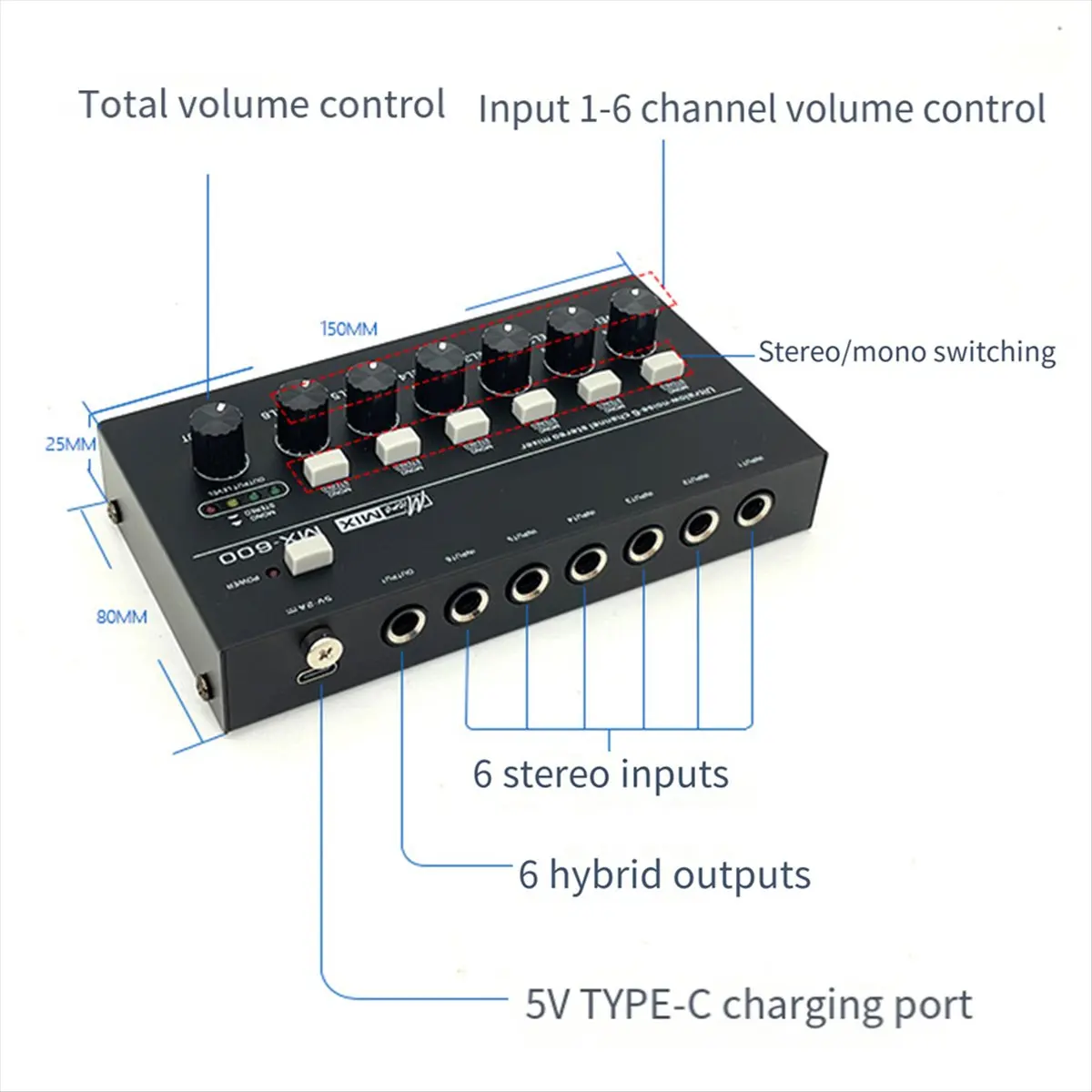 MX600 Ultra Low-Noise 6-Channel Line Mixer Stereo/Single Track Switch Microphone Preamplifier-ELEC