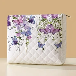 1 unidad, bolsa de maquillaje con estampado de mariposa púrpura, bolsa de almacenamiento de maquillaje portátil, bolsa de almacenamiento multifuncional, bolsa de viaje ligera