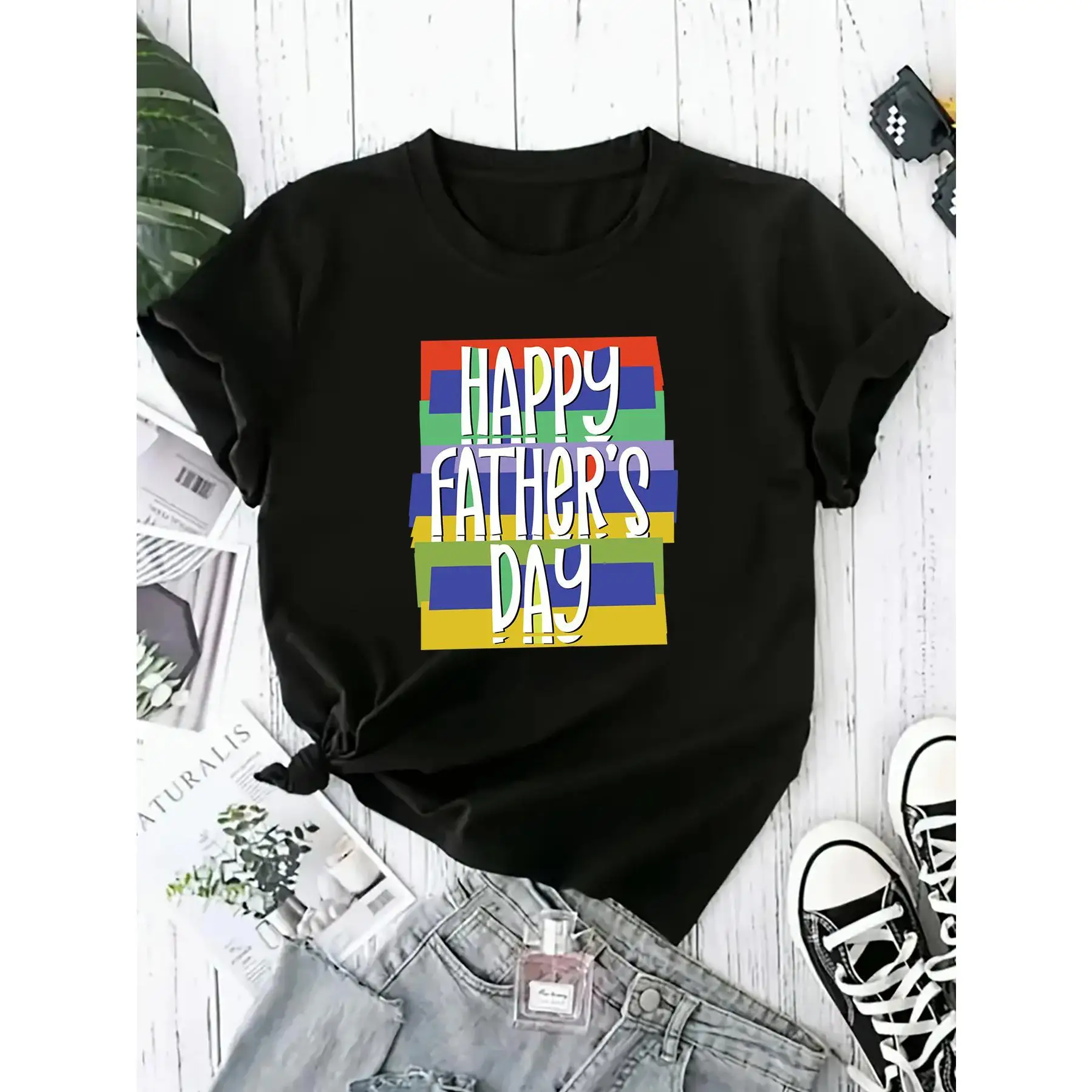 

Women's Plus Size "Happy Father's Day" Graphic T-Shirt - Colorful Striped Design, Casual Crewneck Short Sleeve Top, Soft Polyest