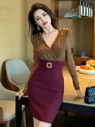 Elegant Fashion Banquet Dress Women's French Retro Bright Sequins Shiny Silk Mini Gown Party Prom Vestidos Fake 2 Piece Autumn
