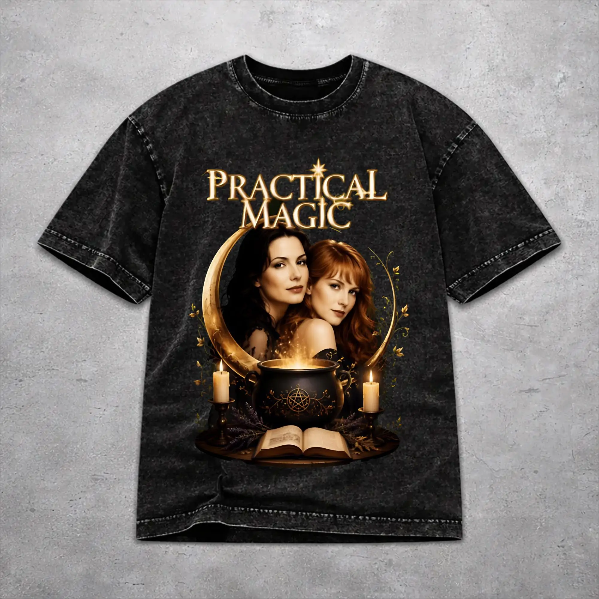Practical Magic Witchcraft Spellcasting Occult Cauldron Pentagram Witchy T Shirt Vintage Washed Style Pure Cotton T-Shirts