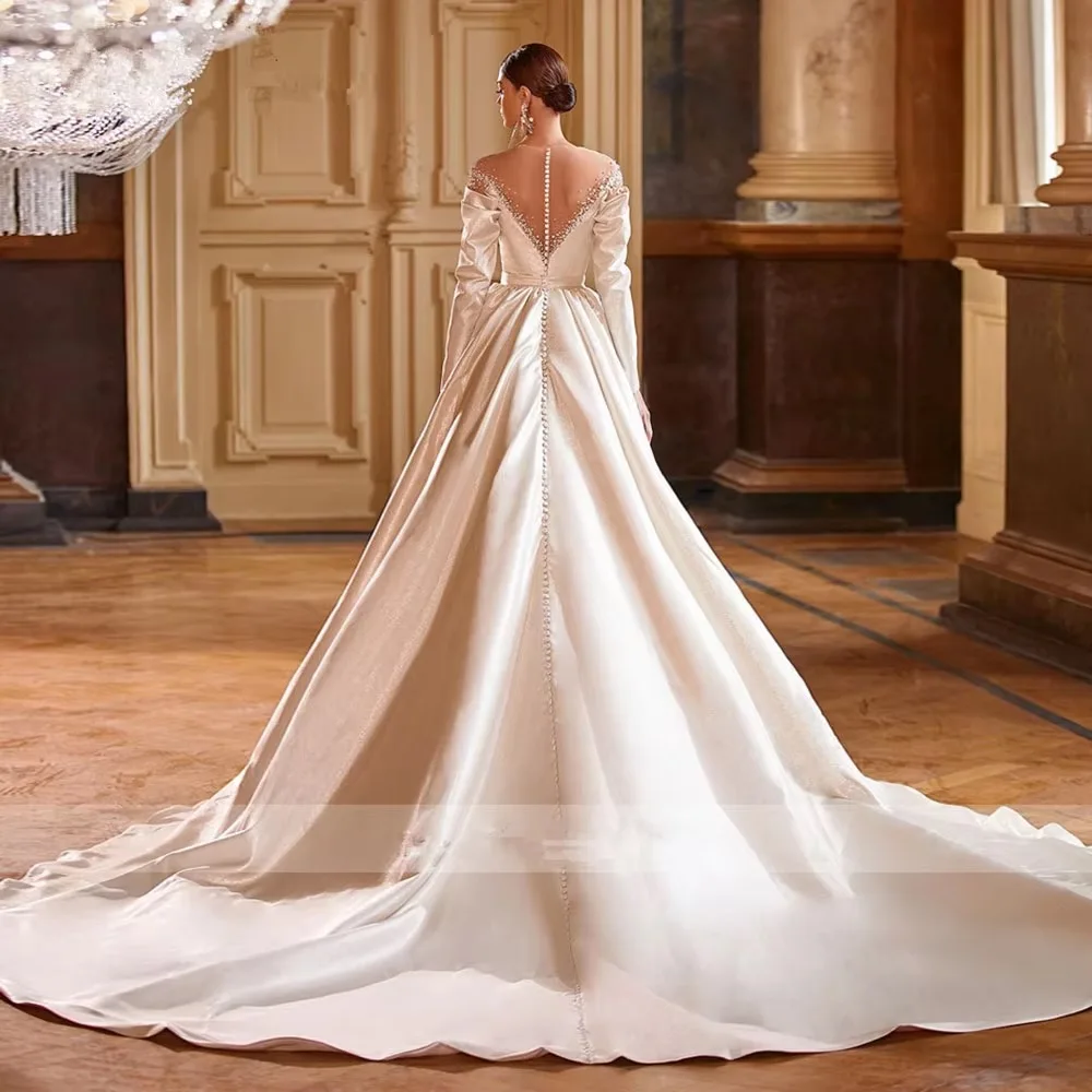 

Customize Ball Gown Wedding Dress White Satin V-Neck Long Sleeves Bridal Gown Crystal Beaded Court Train Bride Dresses
