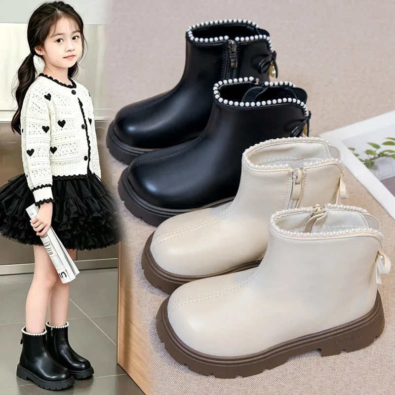 Children Fashion Boots Simple Girls Ankle Boot Black Kids Short Leather Boots Side Zipper Thick Bottom Autumn Winter 2026 New