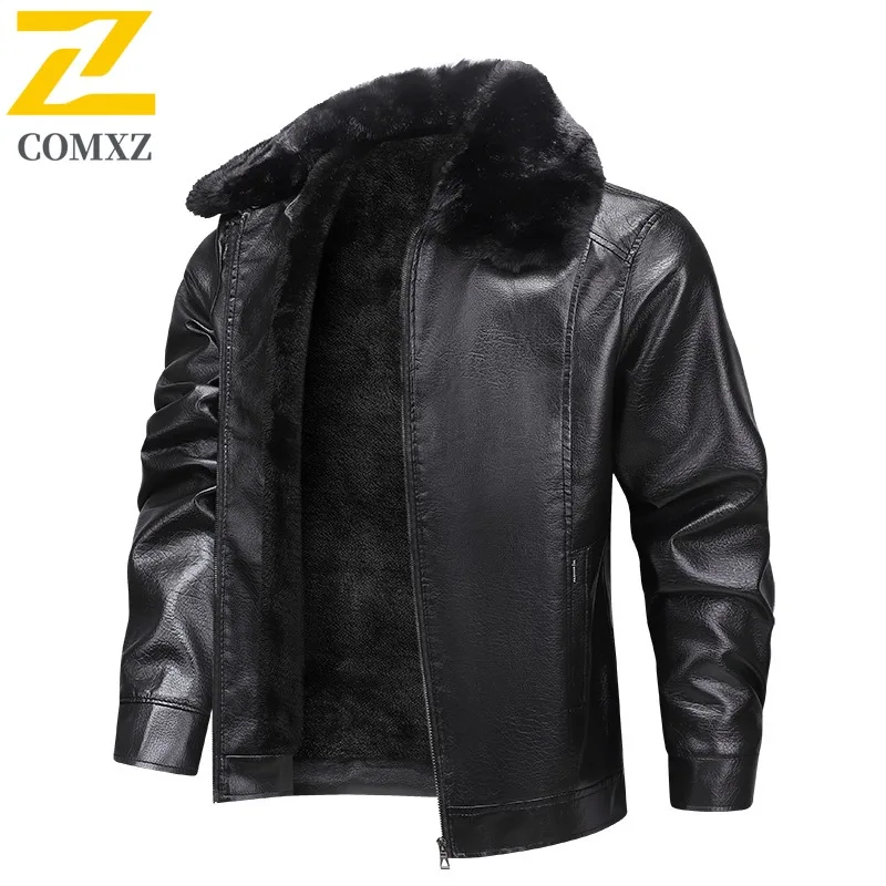 COMXZ 2025 Mens Winter Leather Jacket Fleece Lined Thick Warm Windproof Waterproof Fur Collar Business Coat for Middle Aged Men