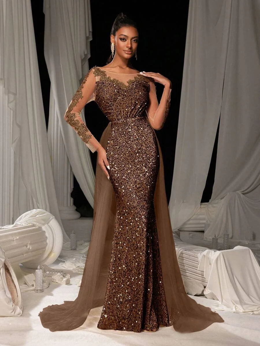 

Dark Brown Mermaid Evening Dress Sheer O-neck Long Sleeves Lace Appliques Sequins Formal Prom Party Gowns Robe De Soriee