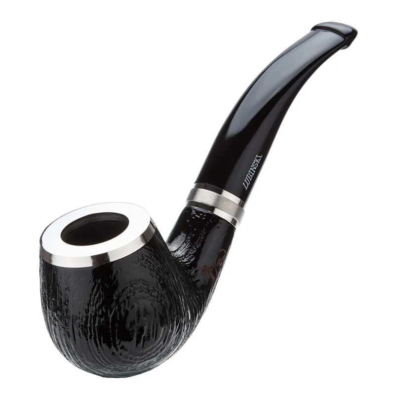 Black Ebony Wood 9mm Flue Tobacco Pipe Men Bent Type Handmade Double Silver Ring Sandblasting Smoking Pipe Gift Pipe Accessory