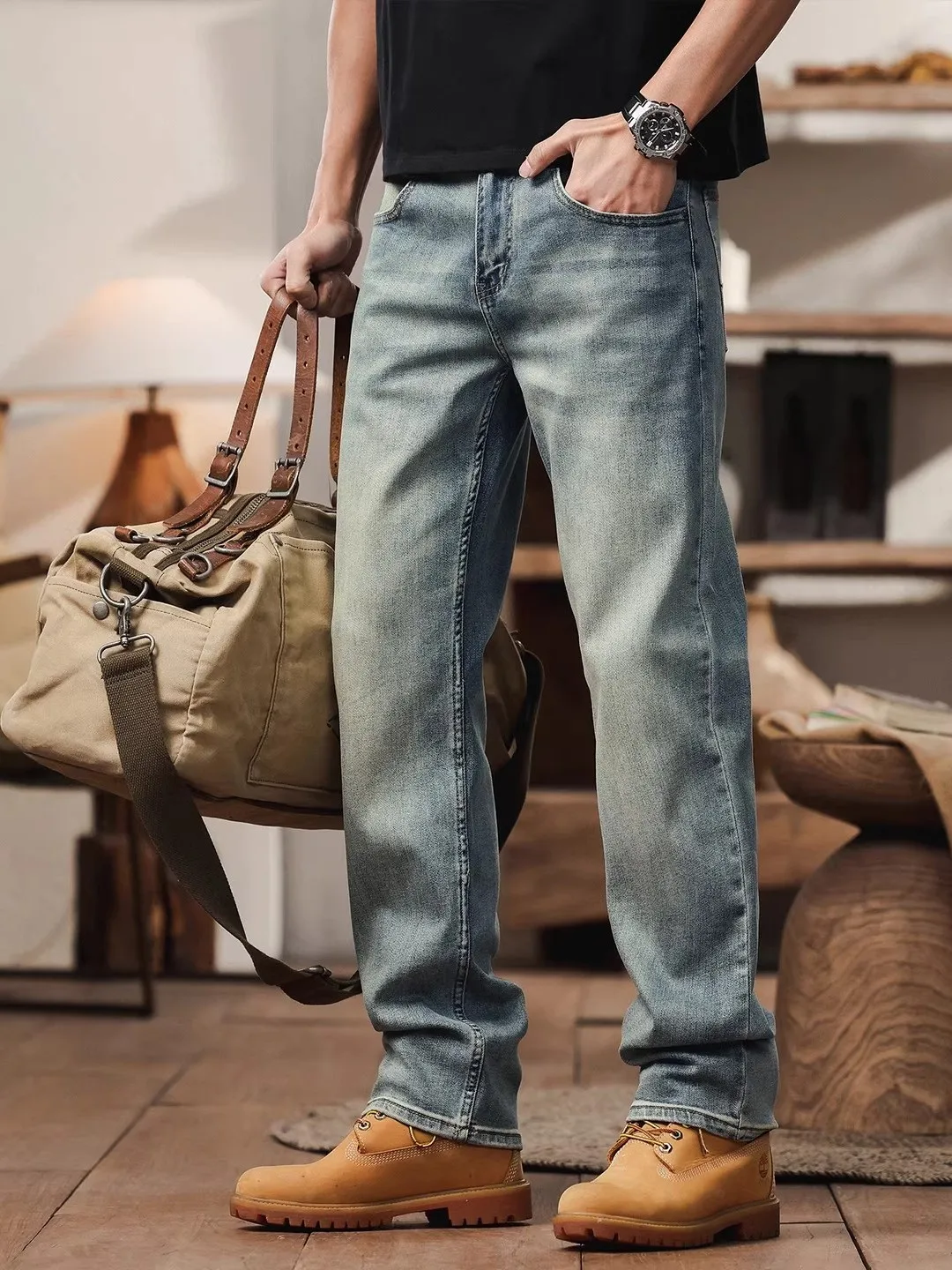 

Мужские джинсы свободного кроя с прямыми штанинами, повседневные, с эластичным поясом, в стиле ретро, с вышивкой, весна-осень, удобные, классические, синие