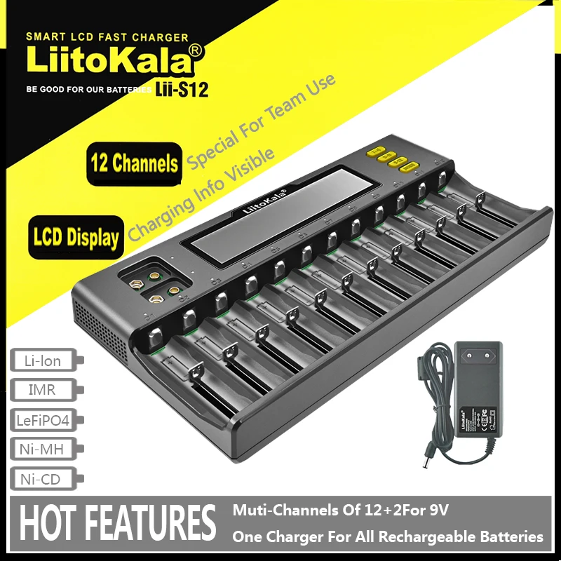 LiitoKala Lii-S8 Lii-S12 LCD Battery Charger for Li-ion LiFePO4 Ni-MH Ni-Cd 9V 21700 20700 26650 18350 18650 RCR123 18700