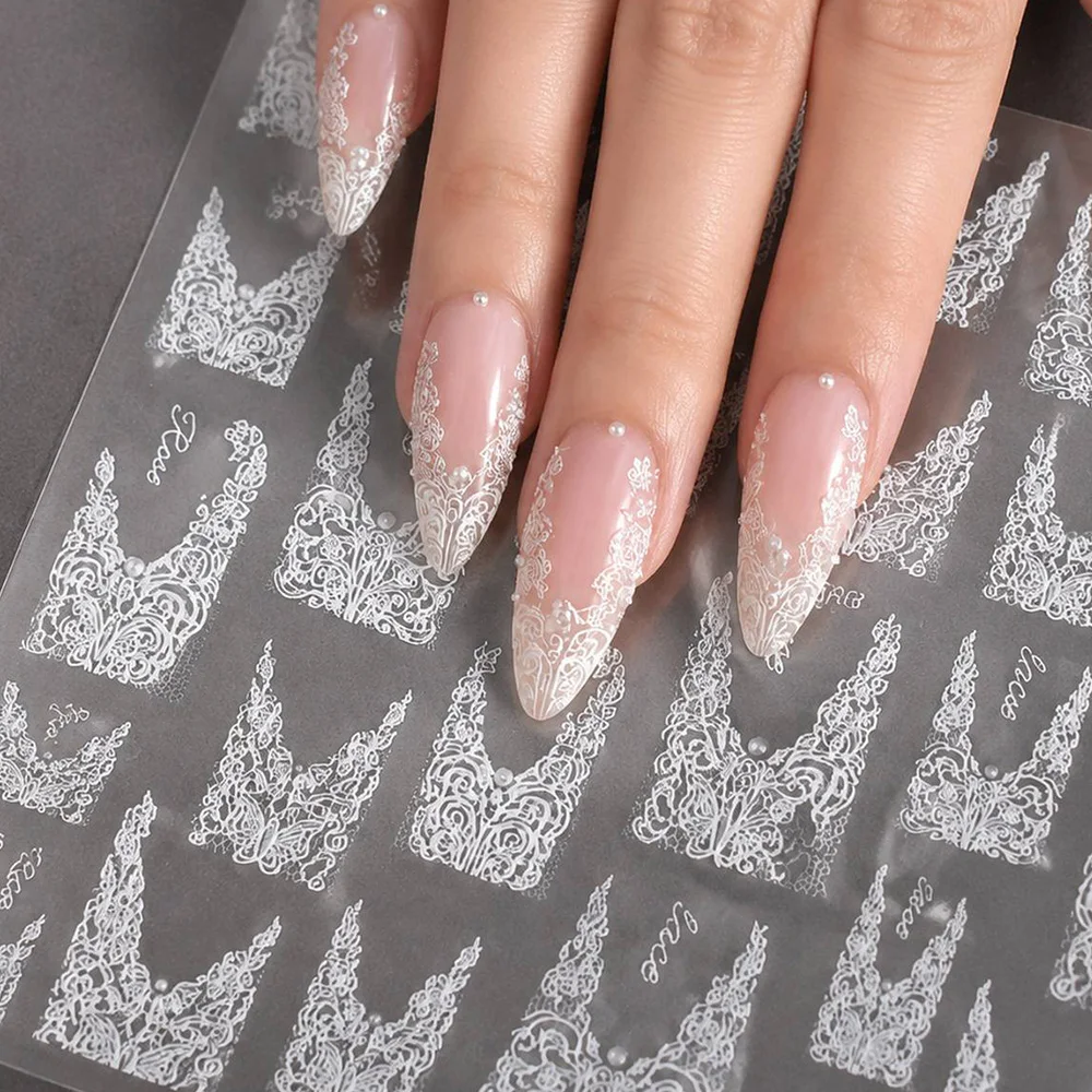 1Pc Holographic Lace Embellishment Nail Sticker V French Gothic Style Nail Decal Self Adhesive Pearl Accent Nail Slider