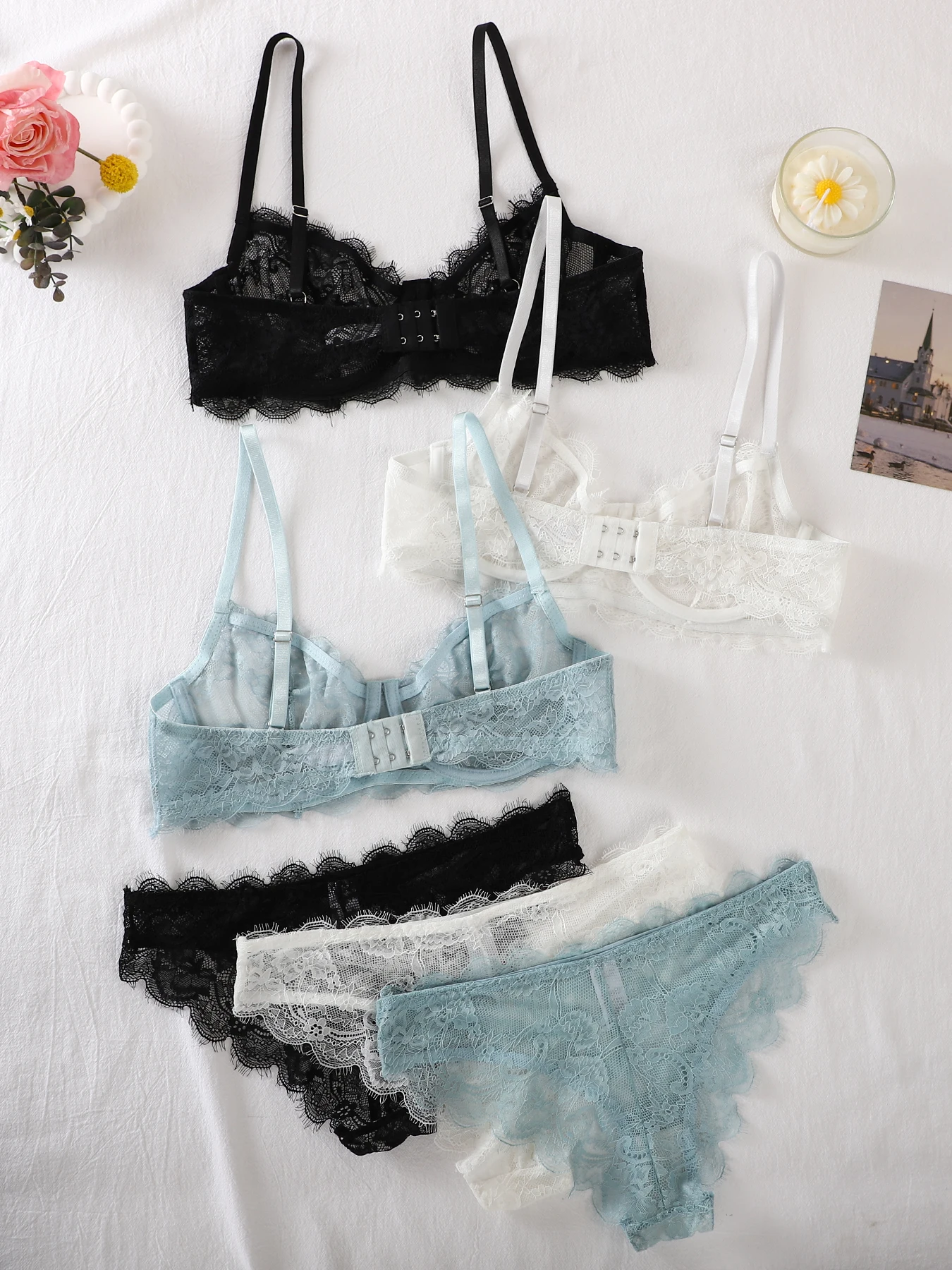 طقم مكون من قطعتين - حمالة صدر دانتيل + طقم سراويل داخلية - طقم حميم شفاف من الدانتيل - متعدد الألوان اختياري - طقم حميم نسائي من الدانتيل - طقم حميم مثير - مع حلقات فولاذية #6